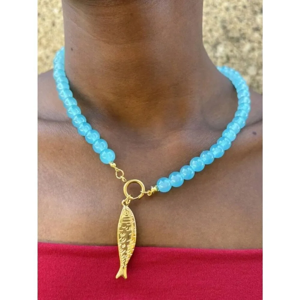 Blue Beaded Necklace with Gold Fish A1771
